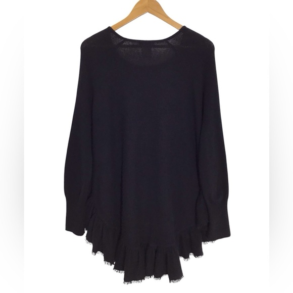 Minnie Rose Black Cashmere Long Sleeve Ruffle Fringe Trim Poncho Style Sweater - Picture 5 of 6